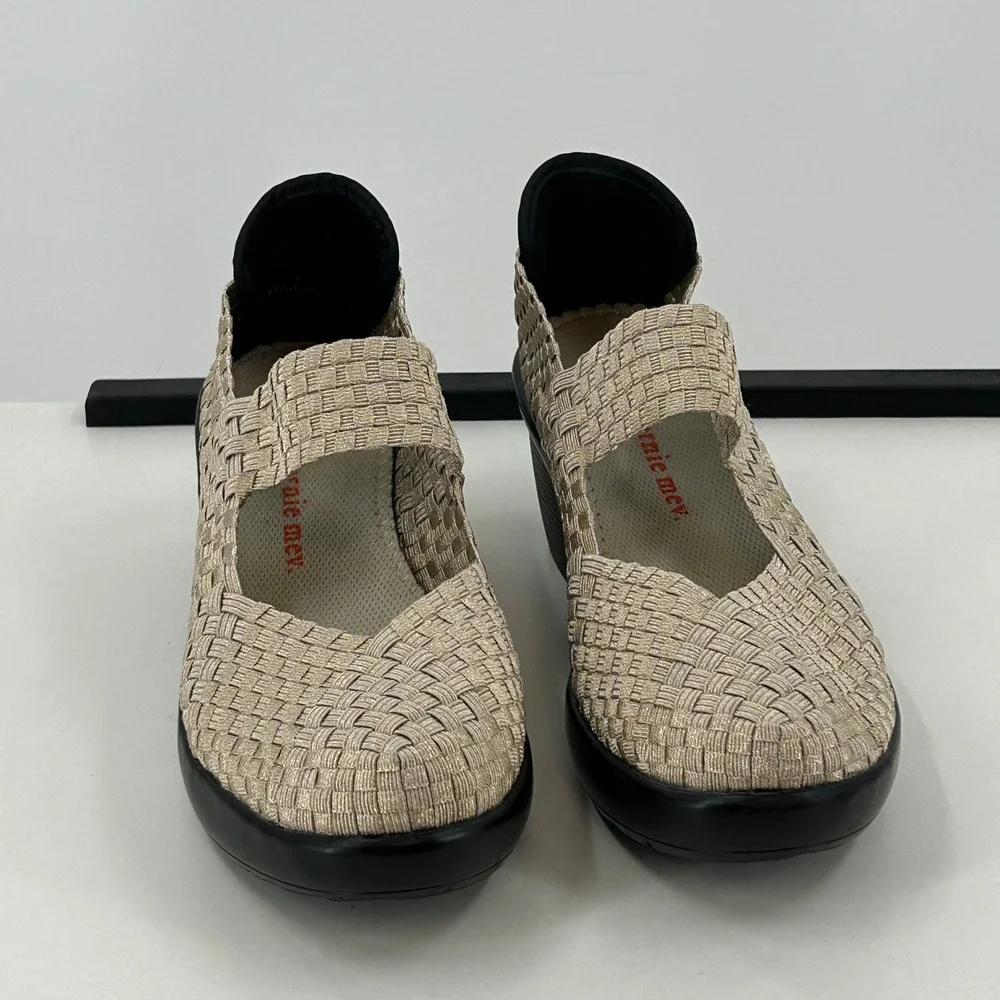 Bernie Mev Lulia Metallic Champagne Woven Elastic Wedge Mary Jane Shoes Size 40